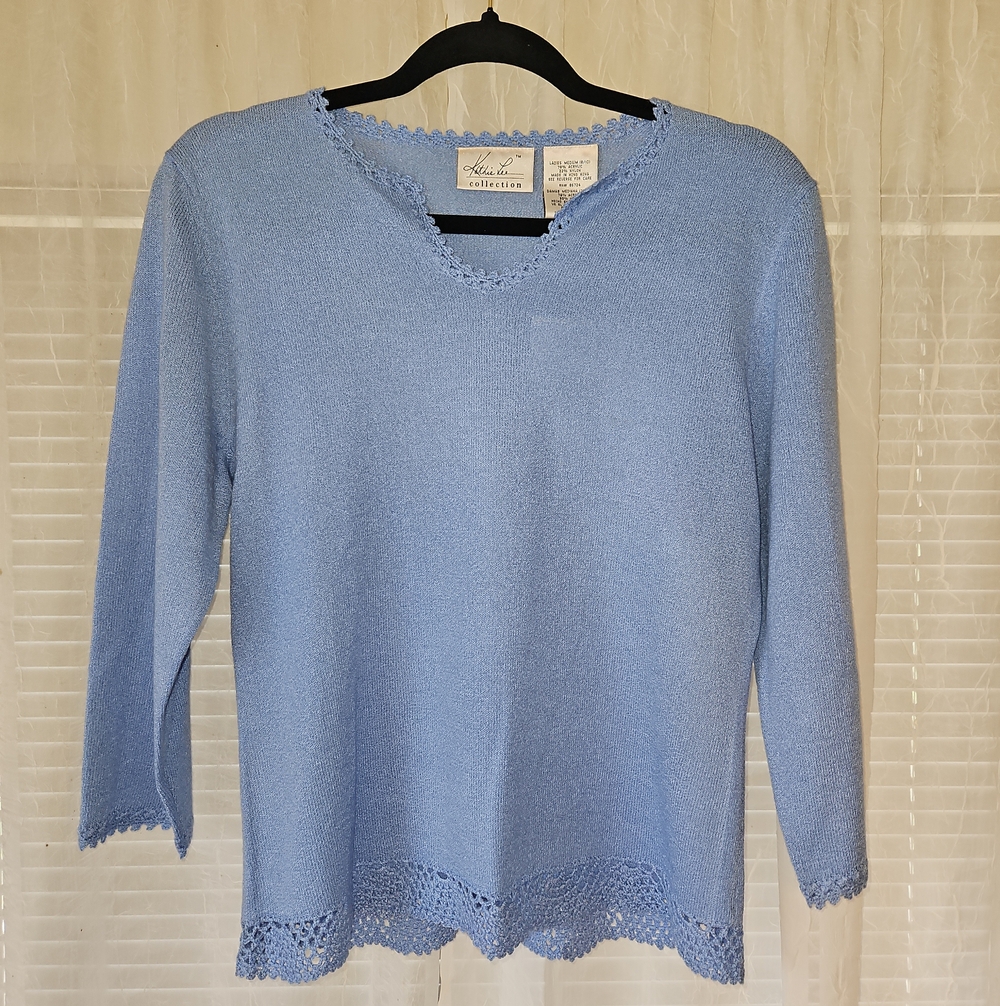 Kathie Lee Collection Puff Blue Crochet Hem Split Neck Pullover Knit Top